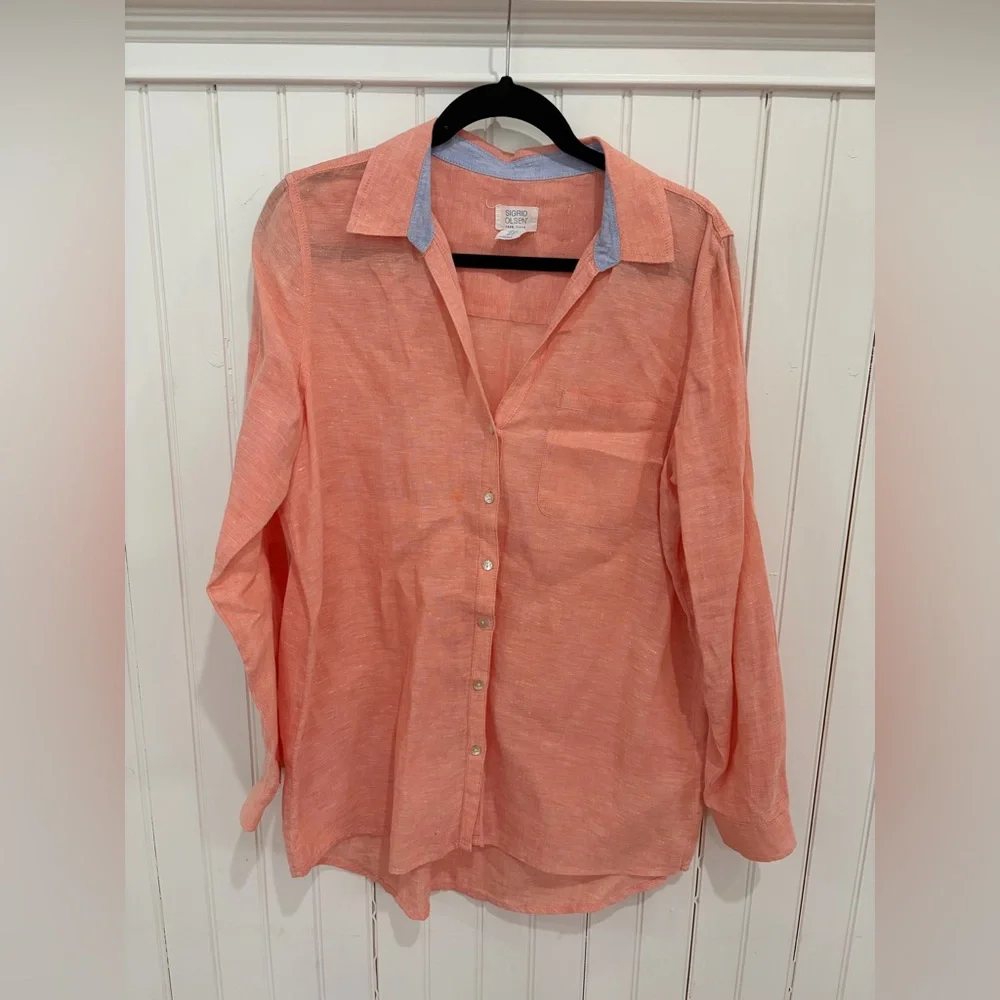 Sigrid Olsen 100% Linen Coral Button Down Shirt (M) - Picture 1 of 3
